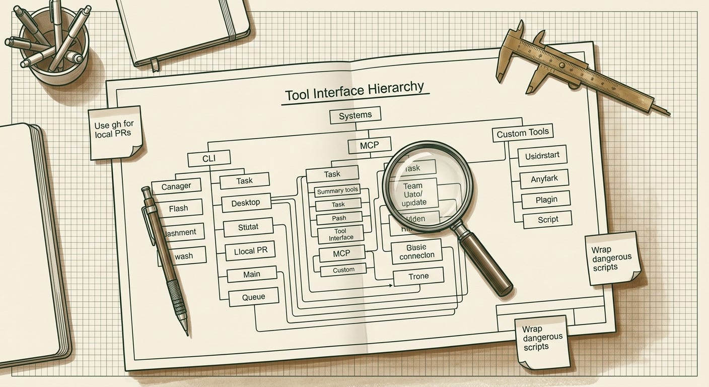 A systems design diagram sorting AI tasks into CLI, MCP, and custom tool hierarchies.